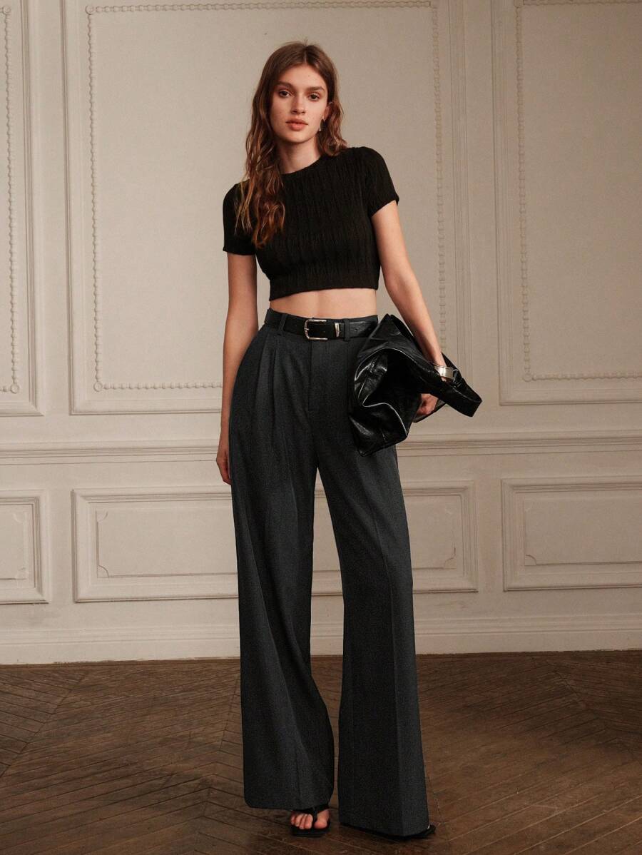 Women's Pleated Wide Leg Dress Trousers, Stretch Tailored Pants for Work Office - Orange