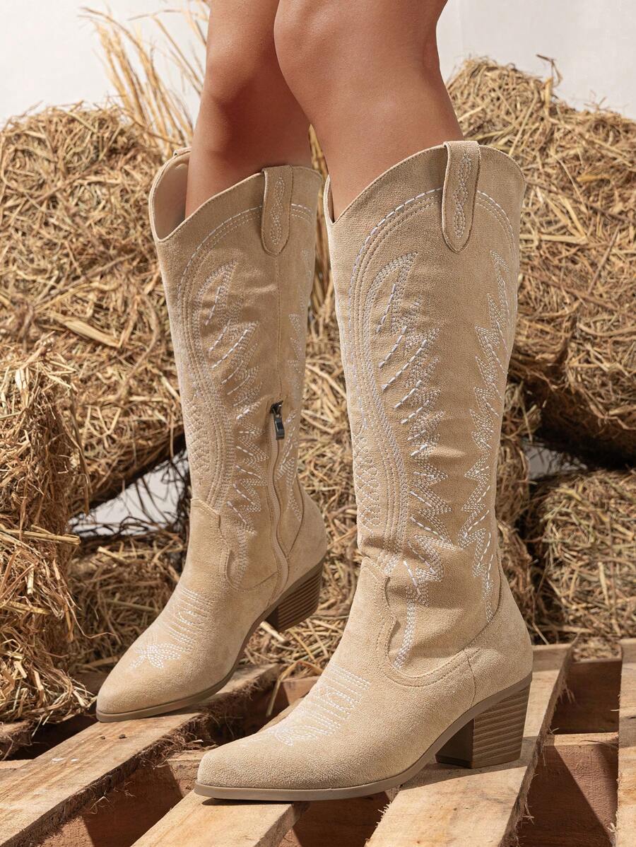 Ideal With Fall Clothes,Women's Western Style Embroidered Pointed Toe Slip-On PU Knee-High Boots, Chunky & Mid Heel, Winter Warm, Black,Cowboy Boots Mensa