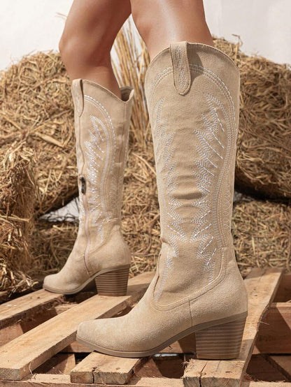 Ideal With Fall Clothes,Women's Western Style Embroidered Pointed Toe Slip-On PU Knee-High Boots, Chunky & Mid Heel, Winter Warm, Black,Cowboy Boots Mensa
