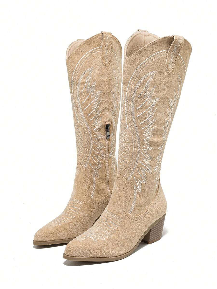 Ideal With Fall Clothes,Women's Western Style Embroidered Pointed Toe Slip-On PU Knee-High Boots, Chunky & Mid Heel, Winter Warm, Black,Cowboy Boots Mensa