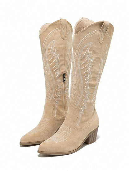 Ideal With Fall Clothes,Women's Western Style Embroidered Pointed Toe Slip-On PU Knee-High Boots, Chunky & Mid Heel, Winter Warm, Black,Cowboy Boots Mensa