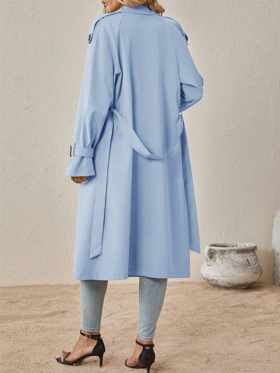 Delia Belted Double Breasted Trench Coat with Raglan Sleeves - Baby Blue