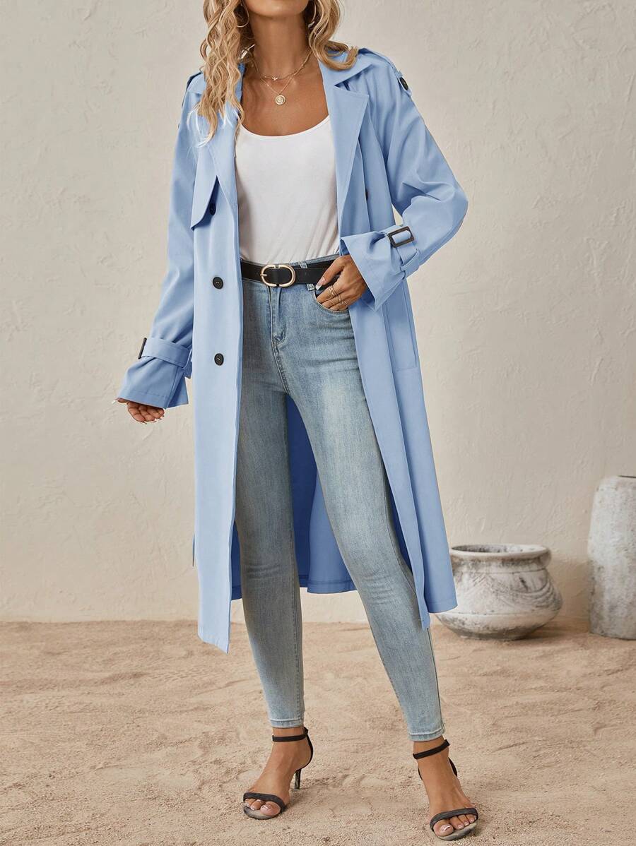 Delia Belted Double Breasted Trench Coat with Raglan Sleeves - Baby Blue