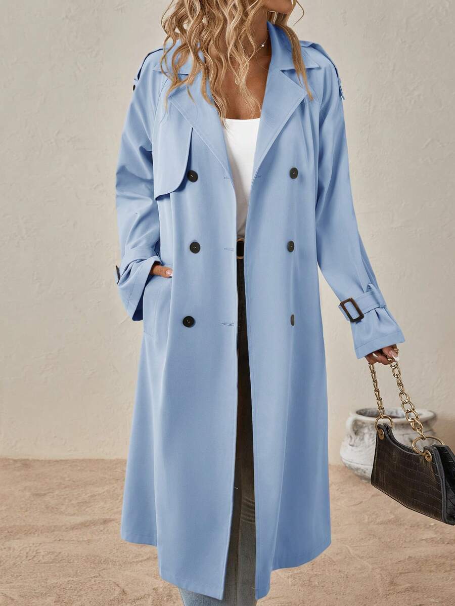 Delia Belted Double Breasted Trench Coat with Raglan Sleeves - Baby Blue