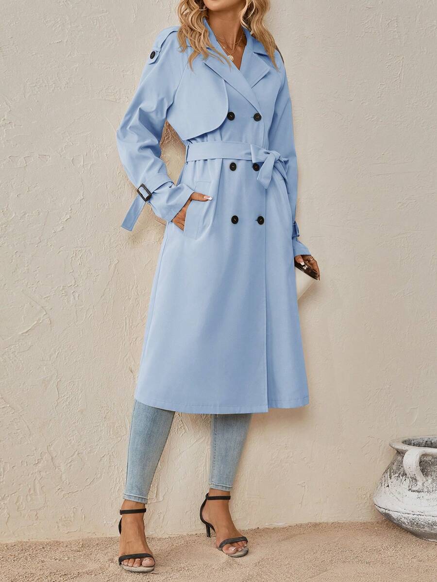 Delia Belted Double Breasted Trench Coat with Raglan Sleeves - Baby Blue