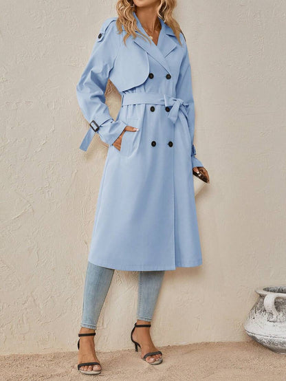 Delia Belted Double Breasted Trench Coat with Raglan Sleeves - Baby Blue
