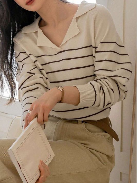 Odette Stripe Raglan Sleeve Collared Knit Sweater - Apricot