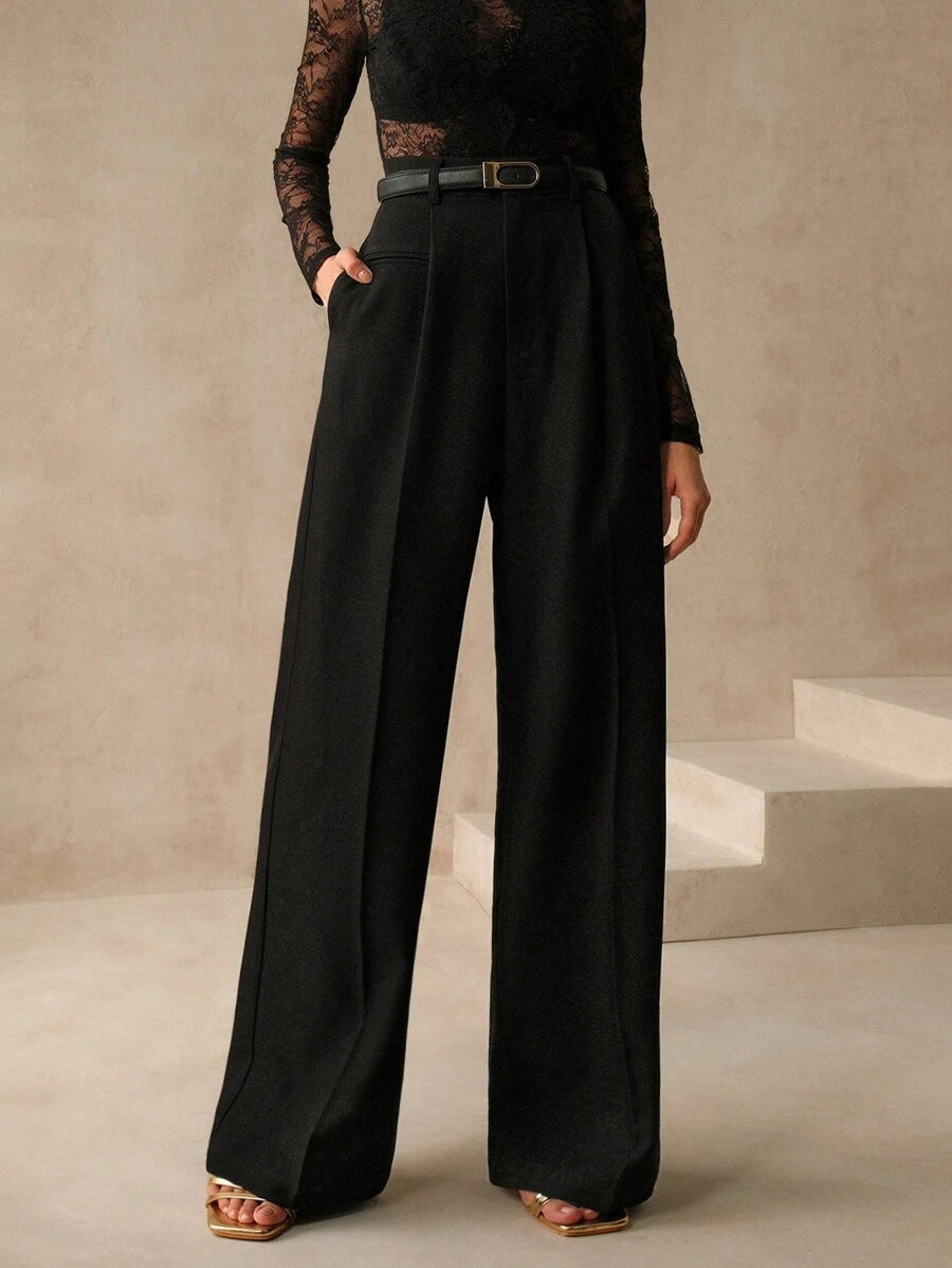 Women's Belted Straight Leg Suit Trousers, Stretch Dress Pants for Work Office - Burgundy