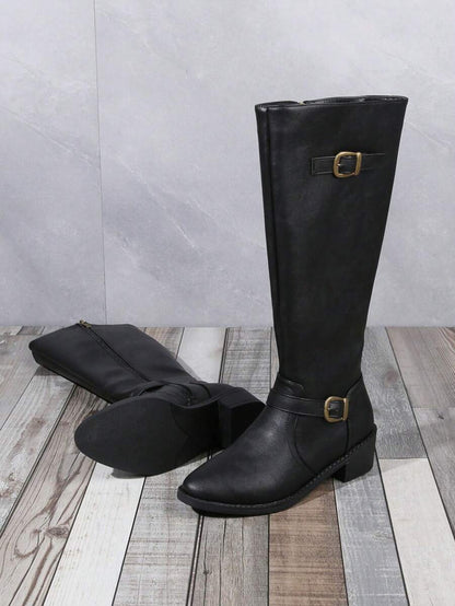 Women's Fashionable & Comfortable Chunky Heel High Knee Riding Boots With Inner Side Zipper, Pointed Toe Matching GO WITH Jeans Jeans Mensa