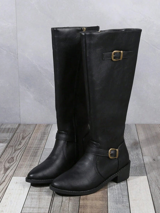Women's Fashionable & Comfortable Chunky Heel High Knee Riding Boots With Inner Side Zipper, Pointed Toe Matching GO WITH Jeans Jeans Mensa