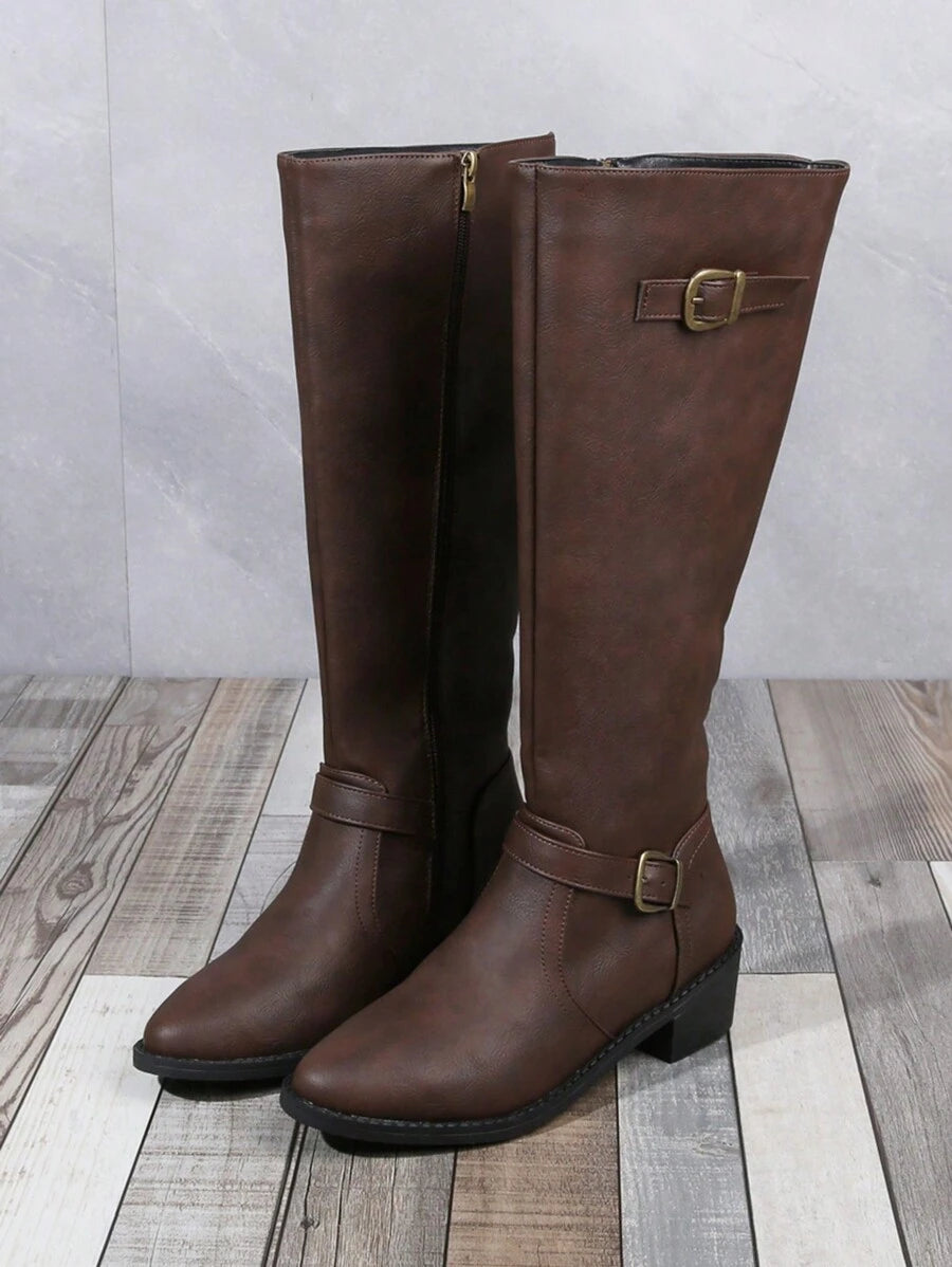 Women's Fashionable & Comfortable Chunky Heel High Knee Riding Boots With Inner Side Zipper, Pointed Toe Matching GO WITH Jeans Jeans Mensa