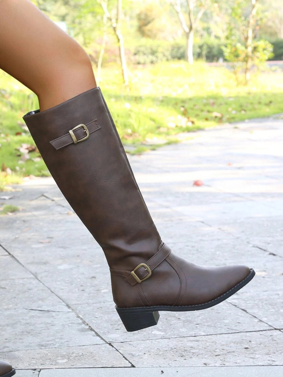 Women's Fashionable & Comfortable Chunky Heel High Knee Riding Boots With Inner Side Zipper, Pointed Toe Matching GO WITH Jeans Jeans Mensa