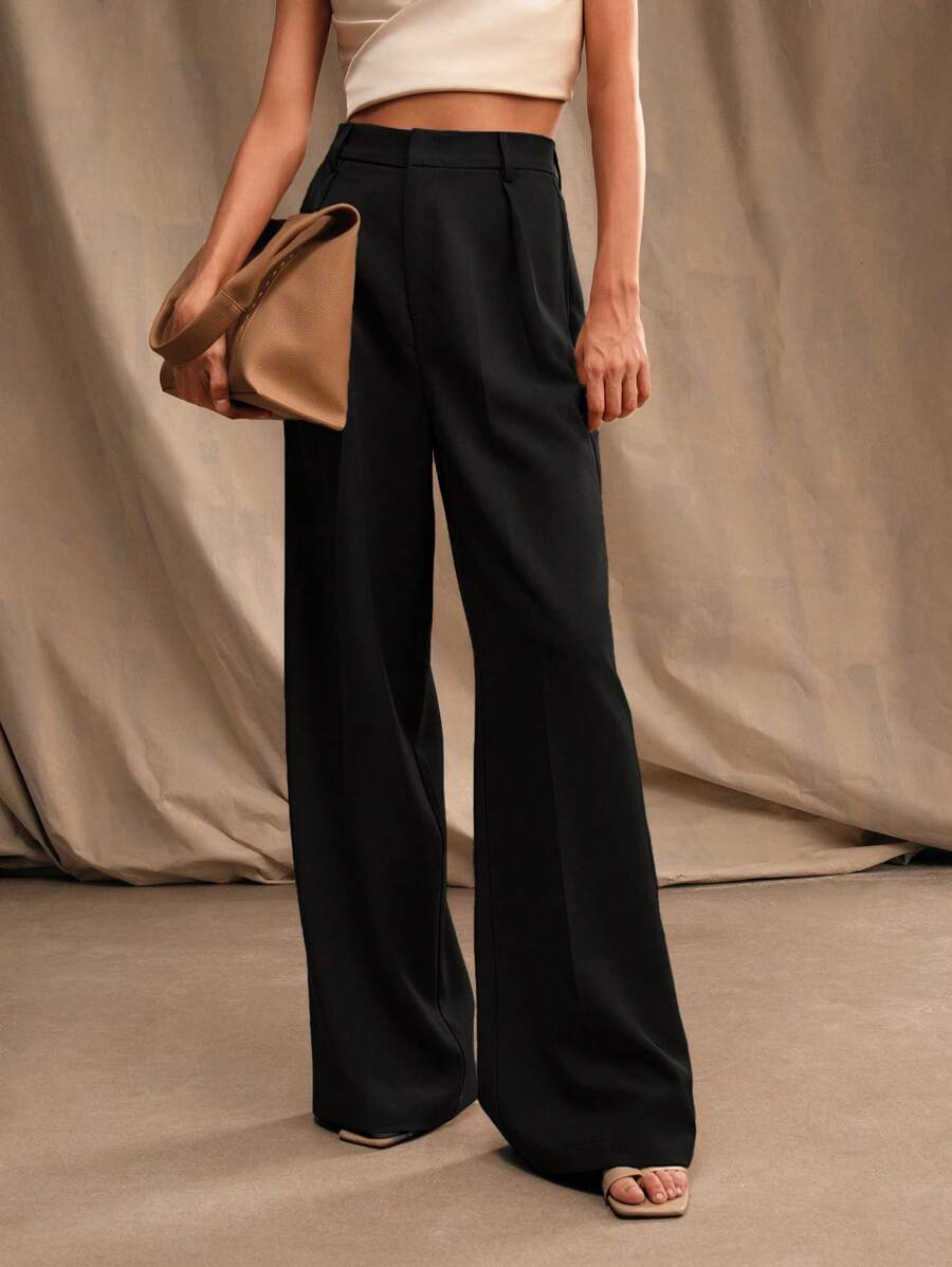 Tatiana Pleated High Waist Wide Leg Trousers with Pockets - Black