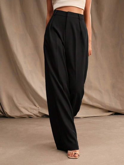 Tatiana Pleated High Waist Wide Leg Trousers with Pockets - White