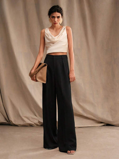 Tatiana Pleated High Waist Wide Leg Trousers with Pockets - Apricot