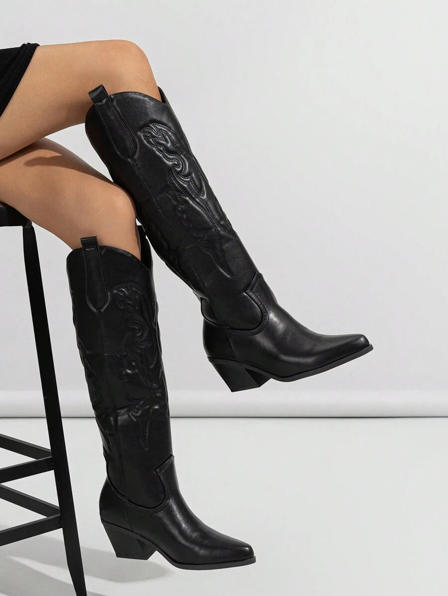 Ideal With Fall Clothes,Women's Western Style Embroidered Pointed Toe Slip-On PU Knee-High Boots, Chunky & Mid Heel, Winter Warm, Black,Cowboy Boots Mensa