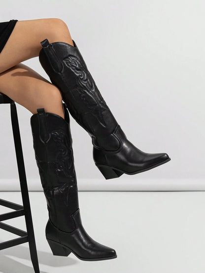 Ideal With Fall Clothes,Women's Western Style Embroidered Pointed Toe Slip-On PU Knee-High Boots, Chunky & Mid Heel, Winter Warm, Black,Cowboy Boots Mensa