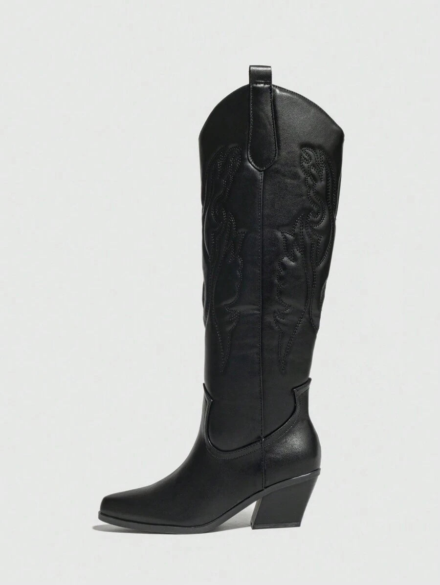 Ideal With Fall Clothes,Women's Western Style Embroidered Pointed Toe Slip-On PU Knee-High Boots, Chunky & Mid Heel, Winter Warm, Black,Cowboy Boots Mensa