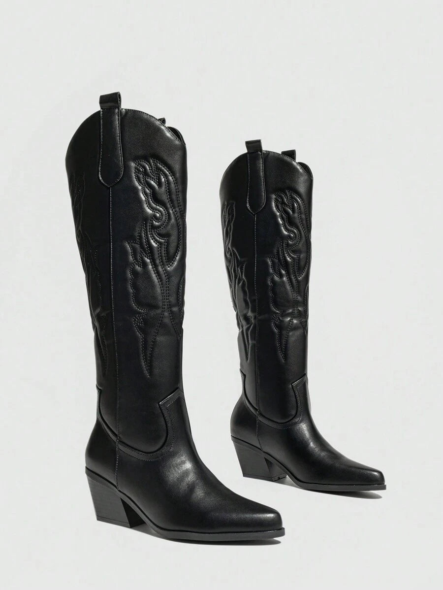 Ideal With Fall Clothes,Women's Western Style Embroidered Pointed Toe Slip-On PU Knee-High Boots, Chunky & Mid Heel, Winter Warm, Black,Cowboy Boots Mensa