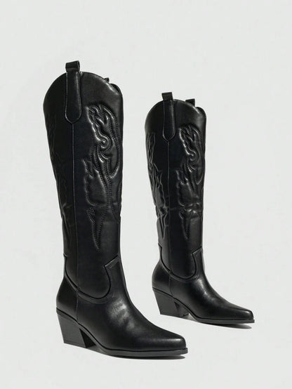 Ideal With Fall Clothes,Women's Western Style Embroidered Pointed Toe Slip-On PU Knee-High Boots, Chunky & Mid Heel, Winter Warm, Black,Cowboy Boots Mensa