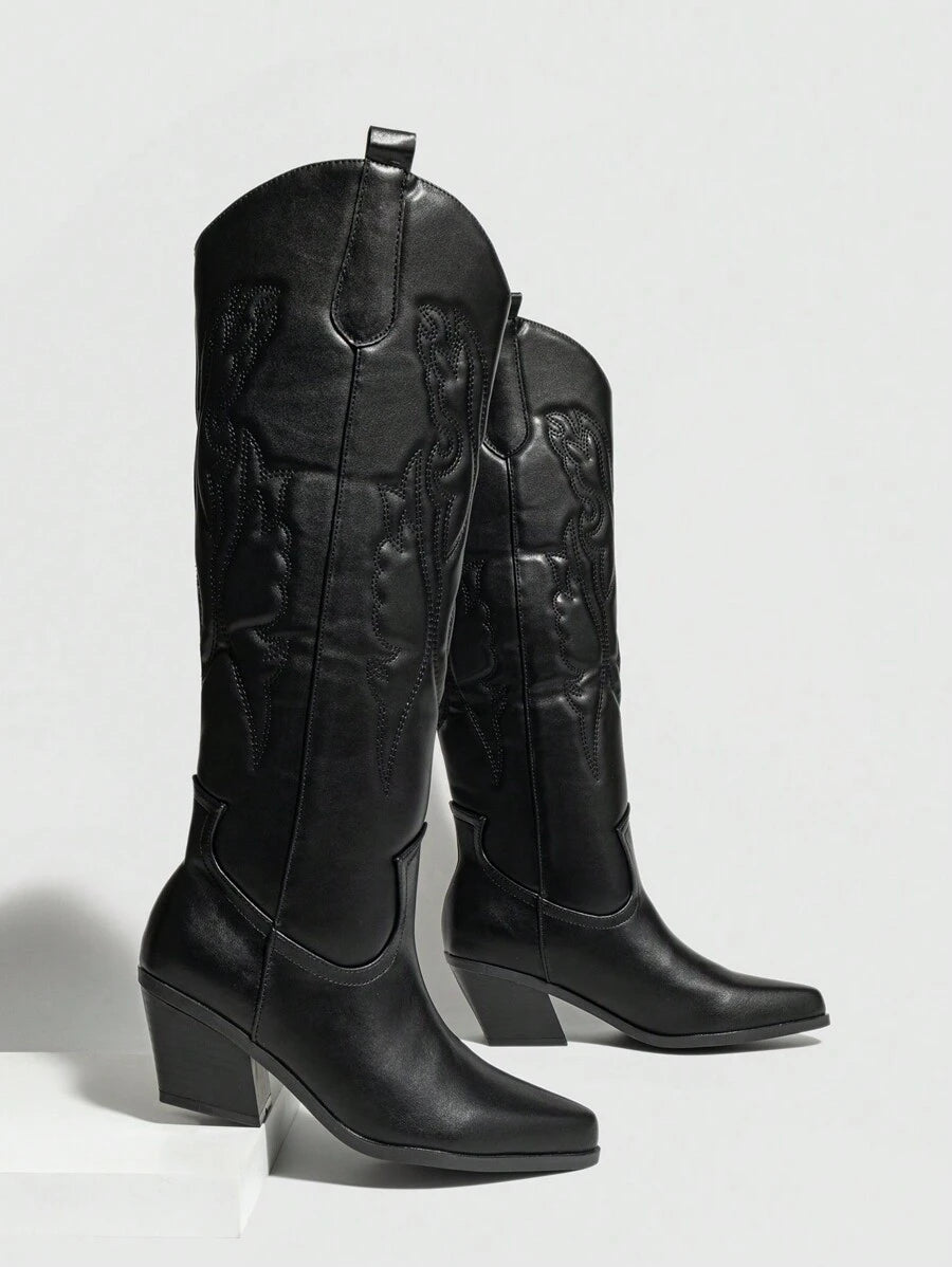 Ideal With Fall Clothes,Women's Western Style Embroidered Pointed Toe Slip-On PU Knee-High Boots, Chunky & Mid Heel, Winter Warm, Black,Cowboy Boots Mensa