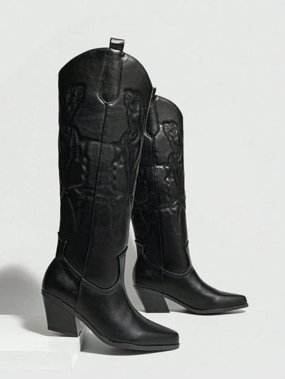Ideal With Fall Clothes,Women's Western Style Embroidered Pointed Toe Slip-On PU Knee-High Boots, Chunky & Mid Heel, Winter Warm, Black,Cowboy Boots Mensa