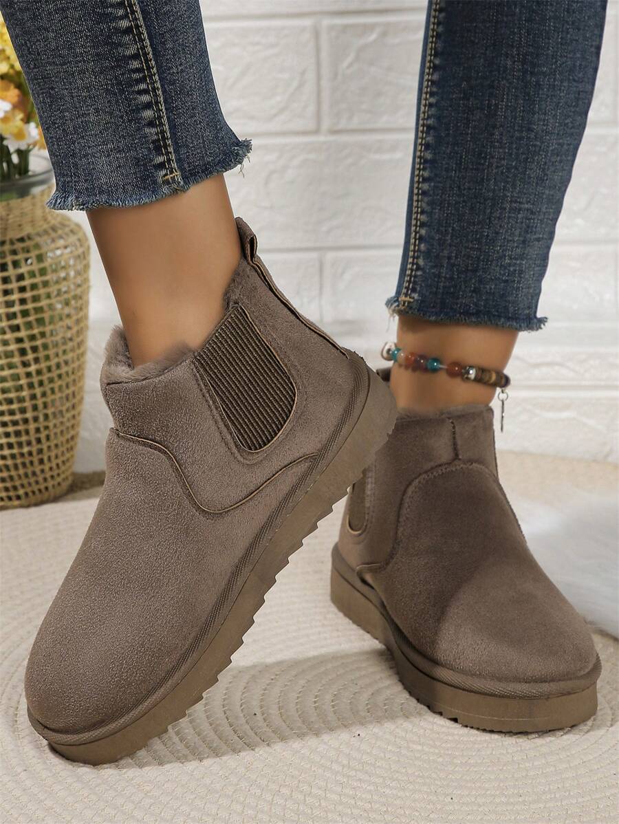 Solid Color Snow Boots For Women, Plush Lining Chelsea One-Piece Short Tube Slip-On Fashion Winter Winter Shoes Ankle Boots Mensa