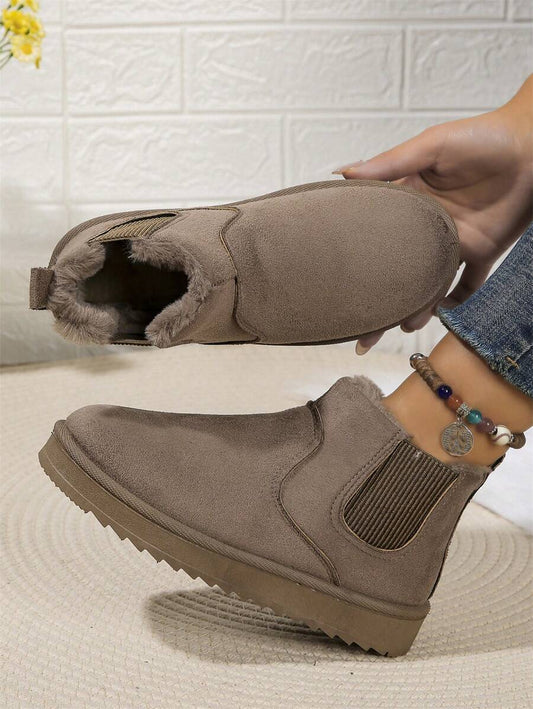 Solid Color Snow Boots For Women, Plush Lining Chelsea One-Piece Short Tube Slip-On Fashion Winter Winter Shoes Ankle Boots Mensa
