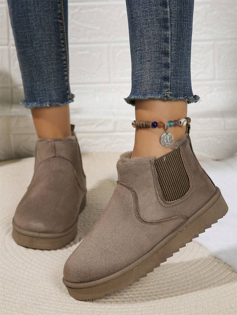Solid Color Snow Boots For Women, Plush Lining Chelsea One-Piece Short Tube Slip-On Fashion Winter Winter Shoes Ankle Boots Mensa