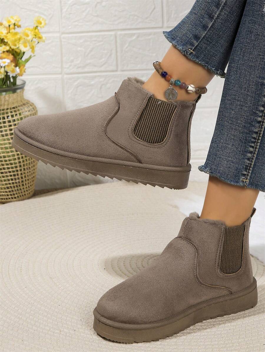 Solid Color Snow Boots For Women, Plush Lining Chelsea One-Piece Short Tube Slip-On Fashion Winter Winter Shoes Ankle Boots Mensa