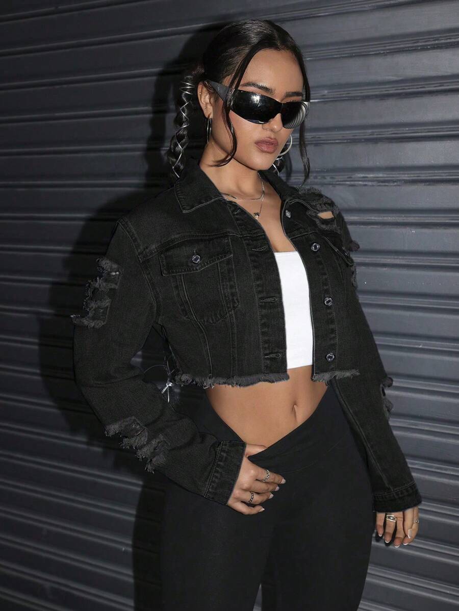 Celeste Distressed Crop Frayed Denim Jacket - Black