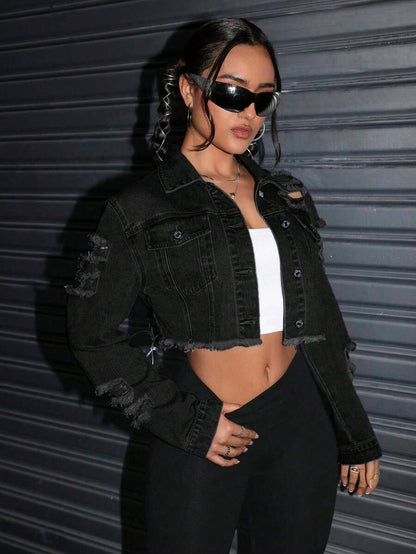 Celeste Distressed Crop Frayed Denim Jacket - Black