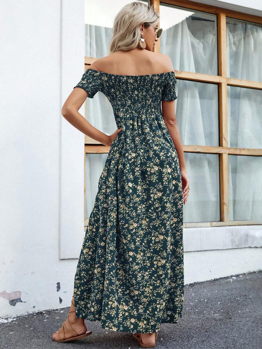 Breezaya Short Sleeve Off-Shoulder Ditsy Floral Slit Summer Dress Maxi Vacation Beach Outfits Women Mensa