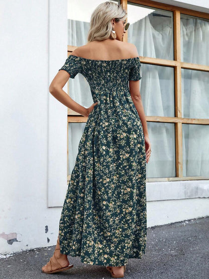 Breezaya Short Sleeve Off-Shoulder Ditsy Floral Slit Summer Dress Maxi Vacation Beach Outfits Women Mensa