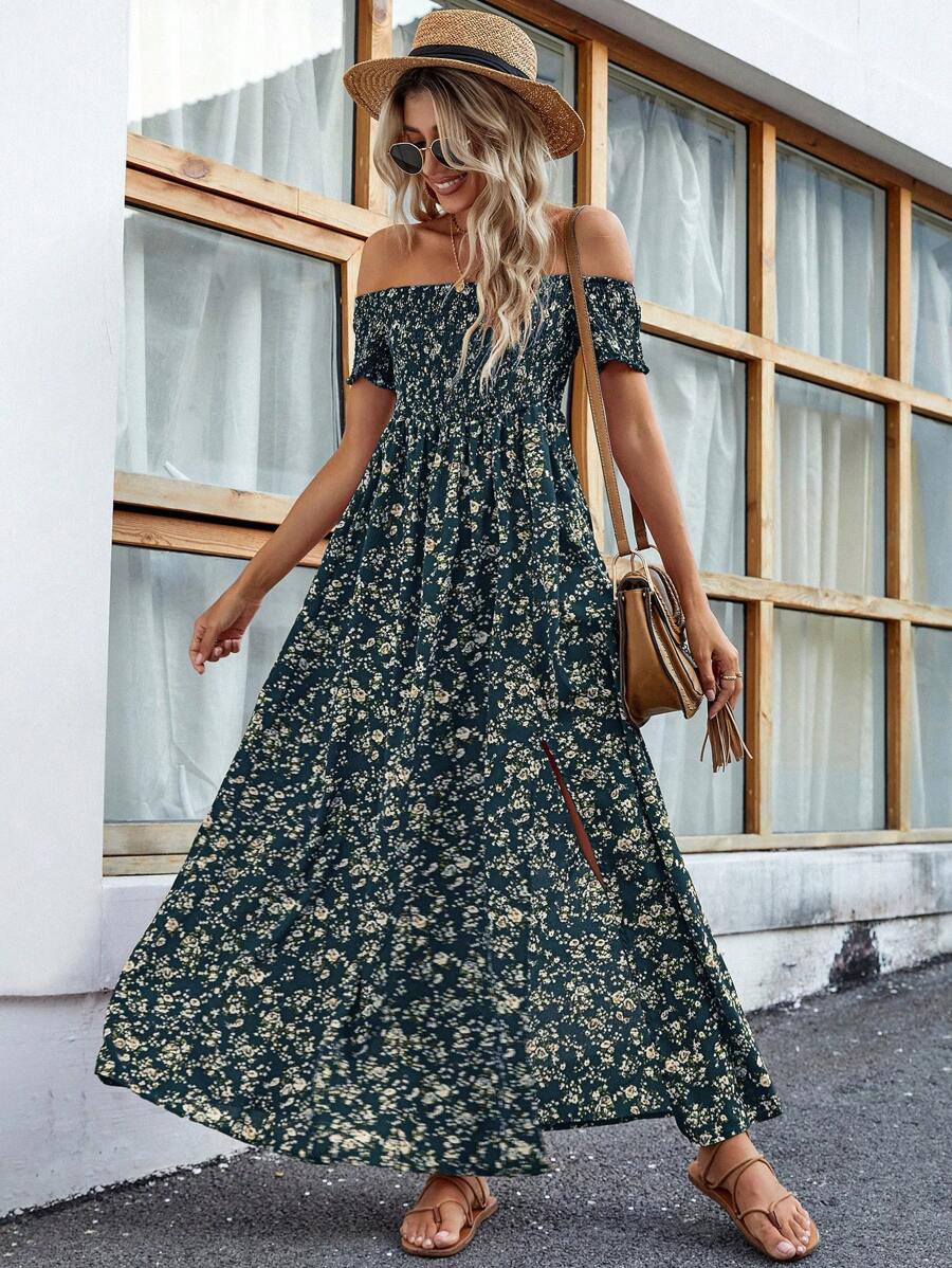 Breezaya Short Sleeve Off-Shoulder Ditsy Floral Slit Summer Dress Maxi Vacation Beach Outfits Women Mensa