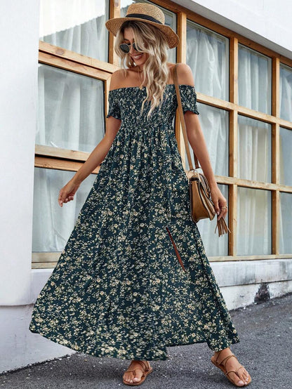 Breezaya Short Sleeve Off-Shoulder Ditsy Floral Slit Summer Dress Maxi Vacation Beach Outfits Women Mensa