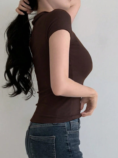 Thalia Slim Fit Short Sleeve Polo Tee - Brown