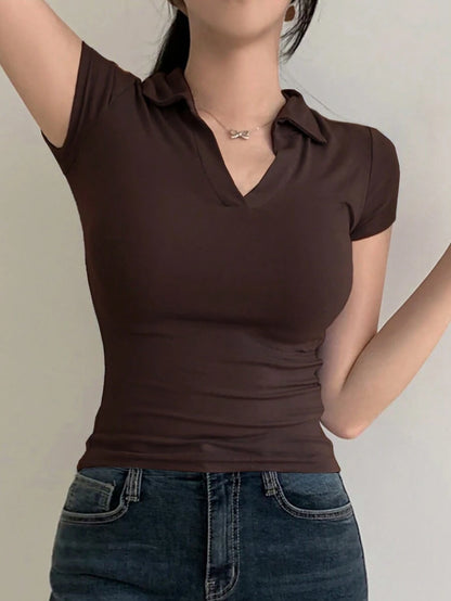 Thalia Slim Fit Short Sleeve Polo Tee - Brown