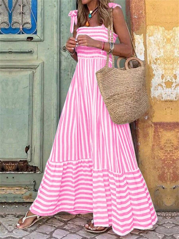 EMERY ROSE Women's Shoulder Strap Chest Gathered Striped Dress Maxi Vacation Beach Outfit Mensa