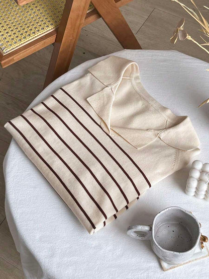 Odette Stripe Raglan Sleeve Collared Knit Sweater - Apricot