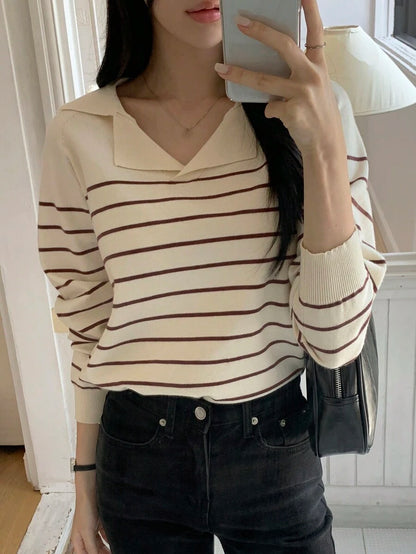 Odette Stripe Raglan Sleeve Collared Knit Sweater - Apricot