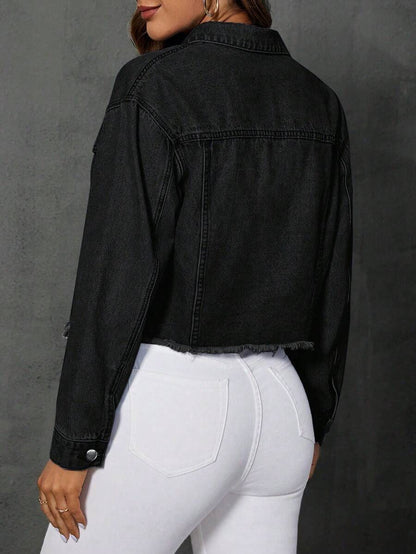 Greta Frayed Drop Shoulder Denim Jacket - Brown