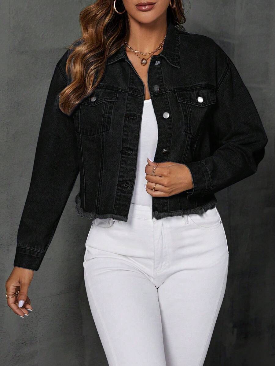 Greta Frayed Drop Shoulder Denim Jacket - Dark Wash