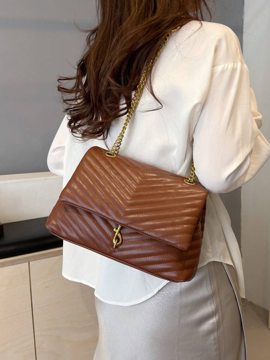 Annecy Chevron Quilted Chain Strap Crossbody Bag - Brown