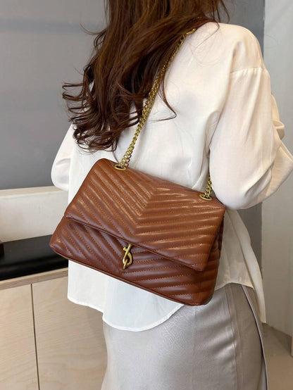 Annecy Chevron Quilted Chain Strap Crossbody Bag - Brown