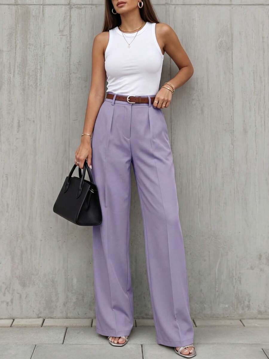 Simone High-Waist Pleated Wide-Leg Trousers with Pockets - Mauve Purple