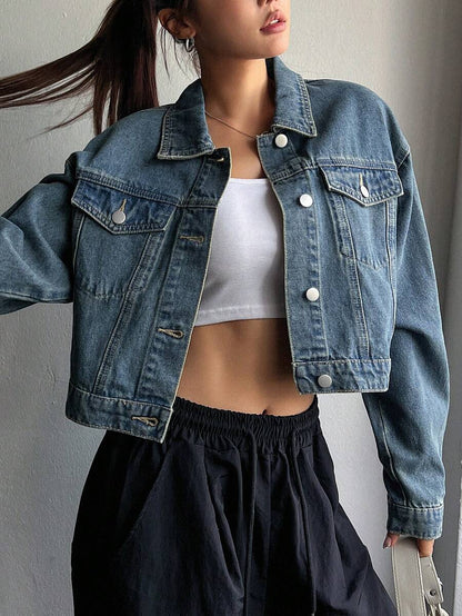 Helena Drop Shoulder Crop Denim Jacket - Dark Wash
