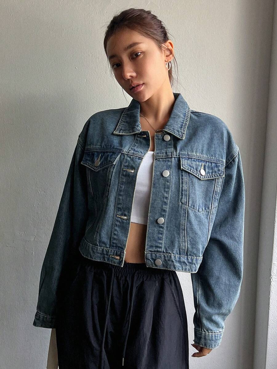 Helena Drop Shoulder Crop Denim Jacket - Beige
