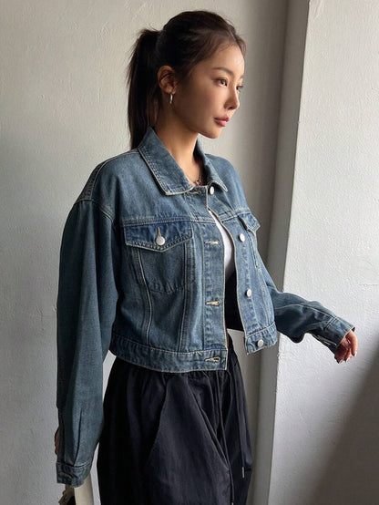 Helena Drop Shoulder Crop Denim Jacket - Grey