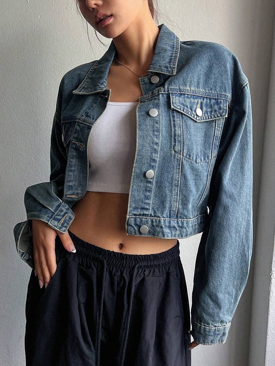 Helena Drop Shoulder Crop Denim Jacket - Medium Wash